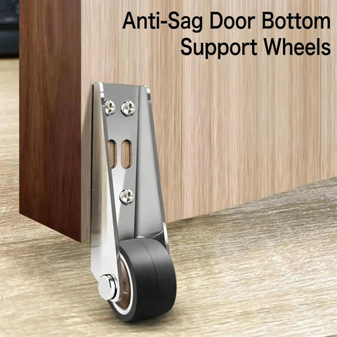 Low Profile Door Bottom Rollers, Anti Sag Repair Kit With Three Tough Steel Wheels, close-up of support wheel on wooden door.
