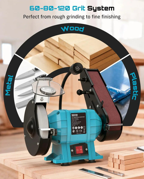 Beefed Up 2X27 Belt Sanding Station Combined With A 6 Inch Grinding Wheel showcasing 60-80-120 grit system for wood and metal work.