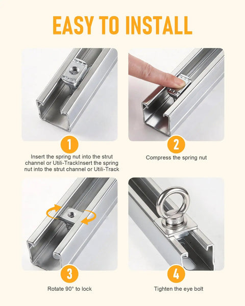 Installation steps for Heavy Duty Strut Channel Nut And Eye Bolt Kit With M8 And M10 Eye Bolts And M10 T Slot Nuts Stainless Steel And Zinc Plated Spring Nuts For Unistrut Pack Of 4.