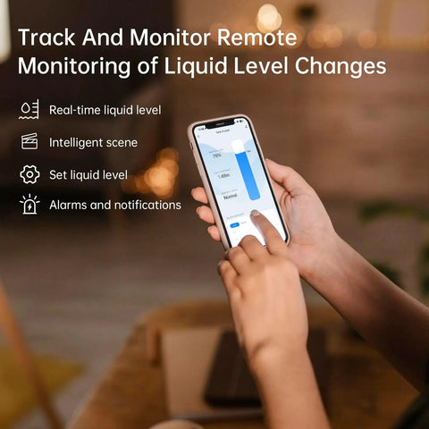 Smart TLC2206 WiFi Tank Level Monitor For Water Oil And Fuel app interface on smartphone displaying liquid level readings.