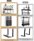 Comparison of an all black 31 inch wall mounted towel rack with floating wood shelf and top basket against another design, highlighting added storage and sturdier metal design.