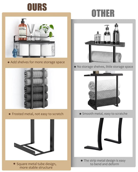 Comparison of an all black 31 inch wall mounted towel rack with floating wood shelf and top basket against another design, highlighting added storage and sturdier metal design.