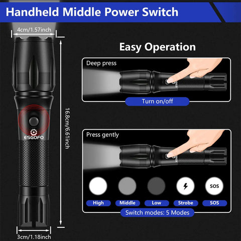 Rechargeable 5000 Lumen LED Flashlight Beast Mode Power Tac Handheld EDC Light showing size and operation instructions
