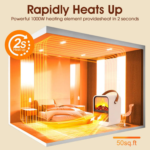 Compact Electric Fireplace Heater For Small Rooms With Real 3D Flame Vibe, PTC Ceramic Heating in a 50 sq. ft. room