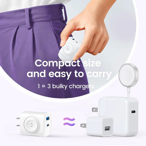 Person holding compact All In One Charging Station for Apple Watch iPhone and AirPods with Built In Wireless Charger