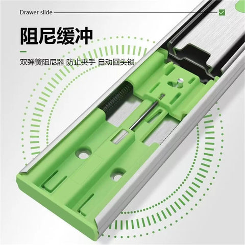 Beefed Up Drawer Slide Rail Kit With Damping And Hydraulic Three Section Wardrobe Cabinet Door Track Two Pieces White And Green Cushion 10 Inch 25 Cm Set showing green damping mechanism