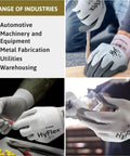 HyFlex 11-644 Cut-Resistant Work Gloves handling various tasks in automotive, machinery, and metal fabrication, white/grey, XL.