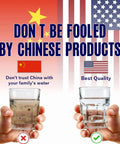 Image depicting glass comparisons showing dirty water labeled China and clean water labeled USA, emphasizing water quality concerns.