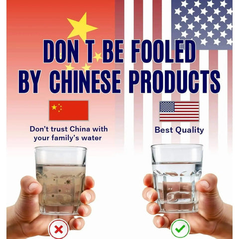 Image depicting glass comparisons showing dirty water labeled China and clean water labeled USA, emphasizing water quality concerns.