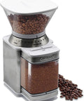 Electric Burr Coffee Grinder With One Touch Automation And Eighteen Position Grinding Dial For Hella Precise Fresh Beans, beans in hopper.