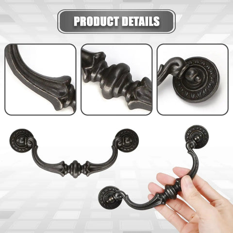 Close-up of Vintage Style Dark Antique Bronze Large Drop Bail Drawer Pulls 140mm Hole Centers 2 Pack for dressers.