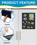 Peel And Stick Magnetic Receptive Steel Sheet With Adhesive Backing, 30 Mil Thick, shown on fridge with magnets.