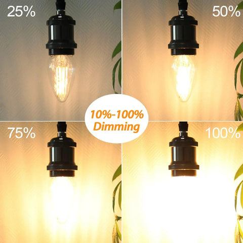 8W LED Porch Light Bulb Dimmable 2700K Warm White E26 Base Outdoor Post Light showing dimming levels of 25%, 50%, 75%, and 100%.