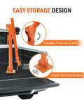 Heavy Duty Truck Bed Crane With 3500 Lbs 12V Winch One Person Setup 360 Degree Swivel Hitch Mounted Engine Hoist Lifts Up To 1100 Lbs Foldable Pickup Bed Hoist For Construction Farm And Vehicle shown with foldable design and removable base in truck bed.