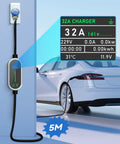 Type 2 Ev Charging Cable With Adjustable Amperage 6 To 32 Amps For Seven Point Two KW Home Wallboxes, 5 meter cord charging an EV.