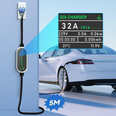 Type 2 Ev Charging Cable With Adjustable Amperage 6 To 32 Amps For Seven Point Two KW Home Wallboxes, 5 meter cord charging an EV.