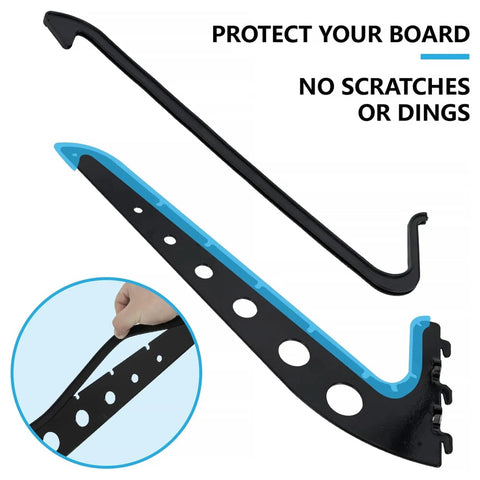 Heavy Duty Adjustable Surfboard Wall Rack And Multi Board Storage Organizer Built For Gnarly Sessions And Serious Shredding Without Any Fuss Or Drama Ever, black with blue padding, designed for board protection.