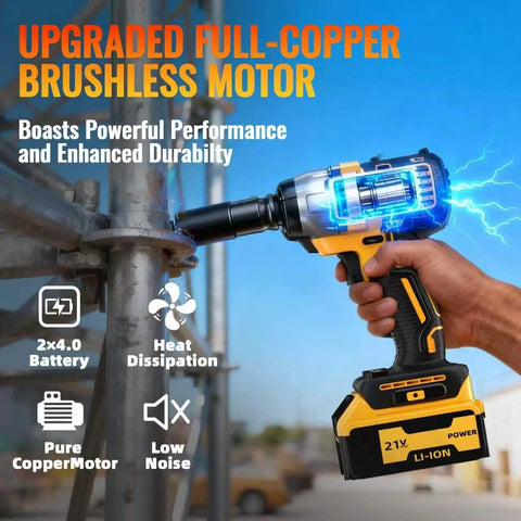 Heavy Duty Cordless Impact Wrench Delivers Hella Power With A Brushless Motor And Variable Speed Trigger, showcasing brushless motor and battery.