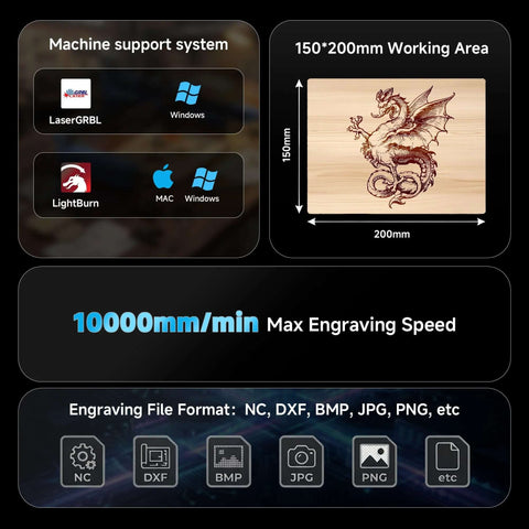 Artilume T1 laser engraver foldable with 150x200 mm working area; compatible with LaserGRBL/LightBurn on Windows and Mac