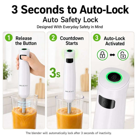 Cordless Immersion Hand Blender And Stick Blender With Straight Up Powerful Brushless Motor showcases auto safety lock feature.
