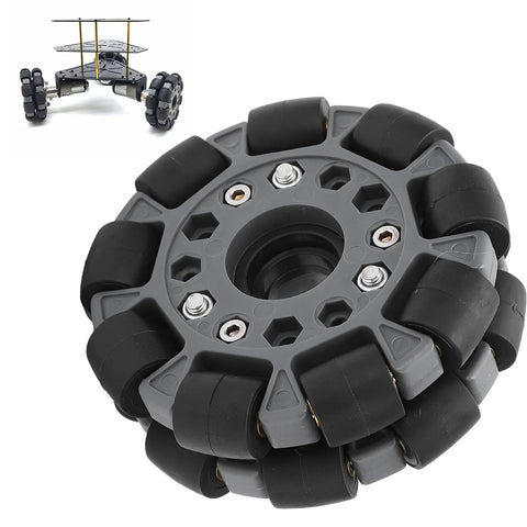 Close-up of a 100mm omni-directional wheel with gray plastic hub and black rubber rollers for DIY robots