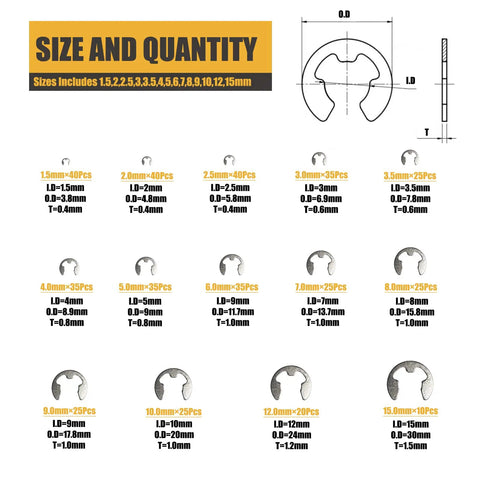 E Clips Assortment Kit Pro Grade 425Pcs 304 Stainless Steel Snap Rings sizes M1.5 to M15 with diagram and specifications