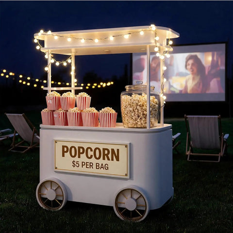 Slick Custom Mobile Food Cart With Roof And Heavy Duty Portable Vendor Display Kiosk For Coffee Snacks Desserts Trade Shows Plus Full Color Branding Makeover with popcorn and glowing lights.