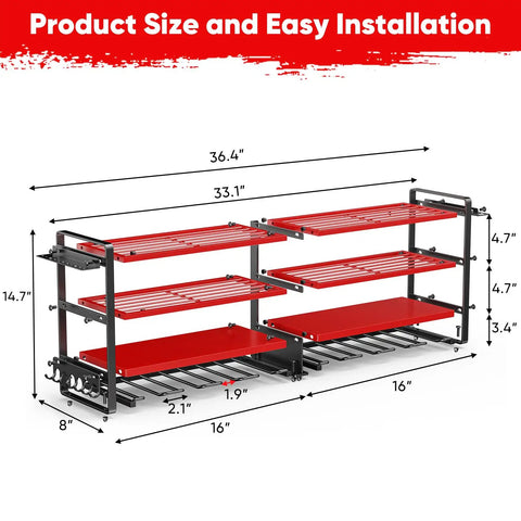 Upgrade Large Four Tier Power Tool Organizer Wall Mount With Beefy Heavy Duty Metal Construction And 400lbs Capacity Shelves For Heavy Tools Eight Cordless Drill Bit Slots Battery Storage Garage Tool Room Utility Rack dimensions and installation view.