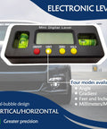 Mini Digital Level featuring dual-bubble design, measures angles in inches and meters for precise leveling.