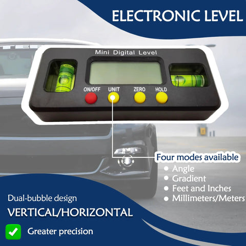 Mini Digital Level featuring dual-bubble design, measures angles in inches and meters for precise leveling.