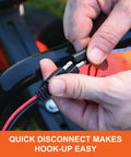 Close-up of hands connecting wires on Zero Turn Mower Electric Spreader With 125 Lb Rustproof Poly Hopper Spreads Grass Seed And Fertilizer Up To 12 Ft Wide For Big Coverage 25000 Sq Ft Sealed 12V Motor Gate Control Made In USA