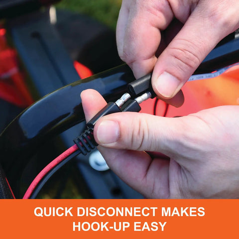 Close-up of hands connecting wires on Zero Turn Mower Electric Spreader With 125 Lb Rustproof Poly Hopper Spreads Grass Seed And Fertilizer Up To 12 Ft Wide For Big Coverage 25000 Sq Ft Sealed 12V Motor Gate Control Made In USA