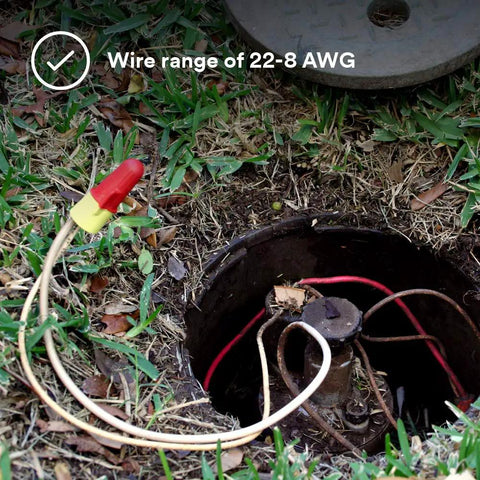 No-Fuss Performance Plus Wire Connectors Set with red-yellow color coding in use with 22-8 AWG wires in outdoor setting.