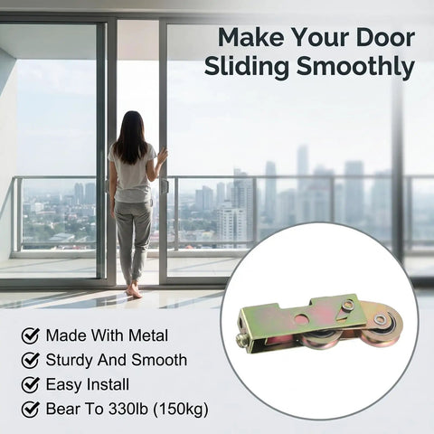 Heavy Duty Two Pack Sliding Patio Door Rollers 1-1/4 Inch Steel Ball Wheels close-up of roller and woman using patio door
