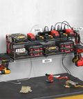 Heavy Duty Garage Tools Storage With Charging Station And Drill Holder Wall Rack Utility Shelf With Eight Outlet Power Strip Metal Tool Organizer For Batteries And Cordless Drills Fast Access For A Tidy Shop, showing organized tools on wall mount with measurements
