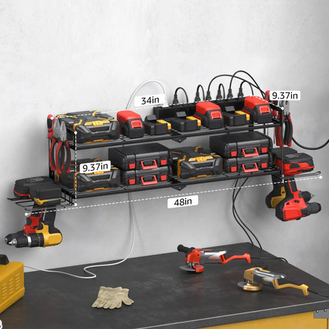 Heavy Duty Garage Tools Storage With Charging Station And Drill Holder Wall Rack Utility Shelf With Eight Outlet Power Strip Metal Tool Organizer For Batteries And Cordless Drills Fast Access For A Tidy Shop, showing organized tools on wall mount with measurements
