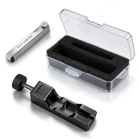Go-To Universal Spark Plug Gap Tool With 32 Blade Steel Feeler Gauge in red and black finish with case and feeler gauge.