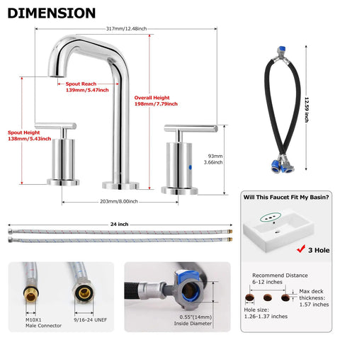 Diagram of 8 Inch Polished Chrome Widespread Bathroom Sink Faucet For 3 Hole Vanity With cUPC Certified Supply Lines 1.2 GPM