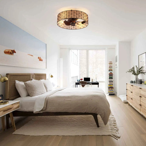 20 Inch Fabric Shade Ceiling Fan With Remote, Low Profile Flush Mount Bladeless Design in modern bedroom