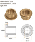 Eight Piece Bronze Oilless Flanged Sleeve Bearing Set 8mm x 12mm x 8mm Self Lubricating Bushing For Machinery Maintenance Free Low Noise Wear Resistant Corrosion Resistant Gold Finish, bronze flange bearing dimensions