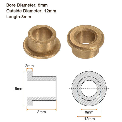 Eight Piece Bronze Oilless Flanged Sleeve Bearing Set 8mm x 12mm x 8mm Self Lubricating Bushing For Machinery Maintenance Free Low Noise Wear Resistant Corrosion Resistant Gold Finish, bronze flange bearing dimensions