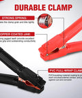 Detailed view of durable clamps on Heavy Duty 1 Gauge Car Battery Jumper Cables 25 Ft 900 Amp auto jump starter with copper jaws.