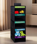 Kids Five Shelf Hanging Closet Organizer With Weekday Dividers, black, storage for toys with daily sections.