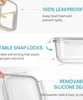 Close-up of snap lids and silicone seal on large glass food storage containers with lids for meal prep and big family size
