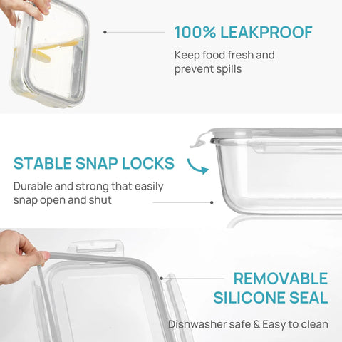 Close-up of snap lids and silicone seal on large glass food storage containers with lids for meal prep and big family size