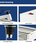Detail drawing of 2 In 1 Shrink Wrap Machine With Heat Gun 45 Cm, showing handle, power switch, fan support, and scroll wheel.