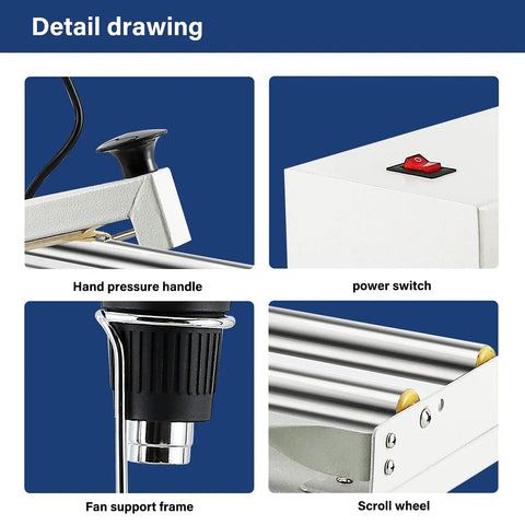 Detail drawing of 2 In 1 Shrink Wrap Machine With Heat Gun 45 Cm, showing handle, power switch, fan support, and scroll wheel.