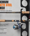 Close-up of Heavy Duty 12 Rod Fishing Rod Rack For Wall Or Ceiling Mount Keeps Your Rods Neatly In Place Up To 12 With Deep Groove Design Steel Construction Black Powder Coated Wall Or Ceiling Mounted Storage For Garage Cabin And Basement