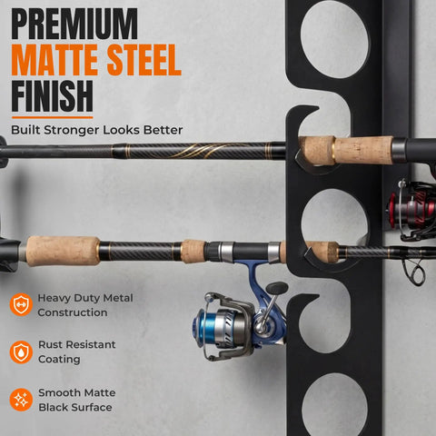 Close-up of Heavy Duty 12 Rod Fishing Rod Rack For Wall Or Ceiling Mount Keeps Your Rods Neatly In Place Up To 12 With Deep Groove Design Steel Construction Black Powder Coated Wall Or Ceiling Mounted Storage For Garage Cabin And Basement