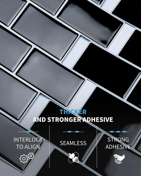 Close-up of black Subway Style Peel And Stick Tiles For Kitchen Backsplash 12 Inch By 12 Inch Thicker Version with adhesive features